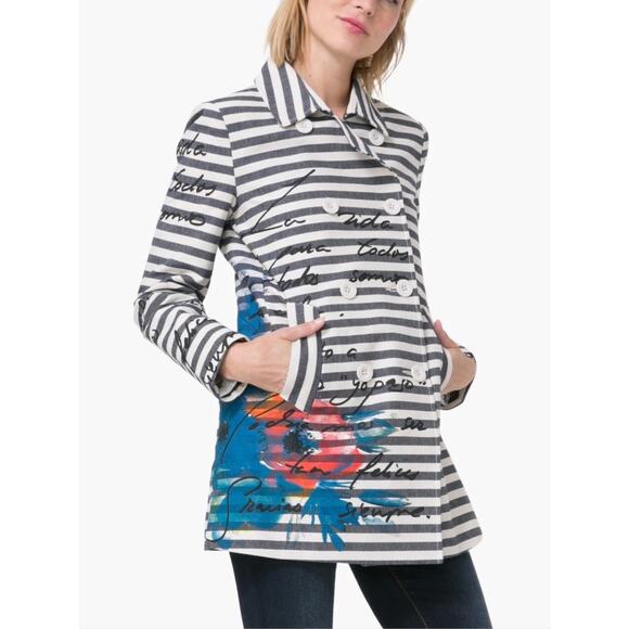 Desigual Jackets & Blazers - Desigual Mencia Blue & White Striped Double Breasted Blazer Floral Print Sz 38